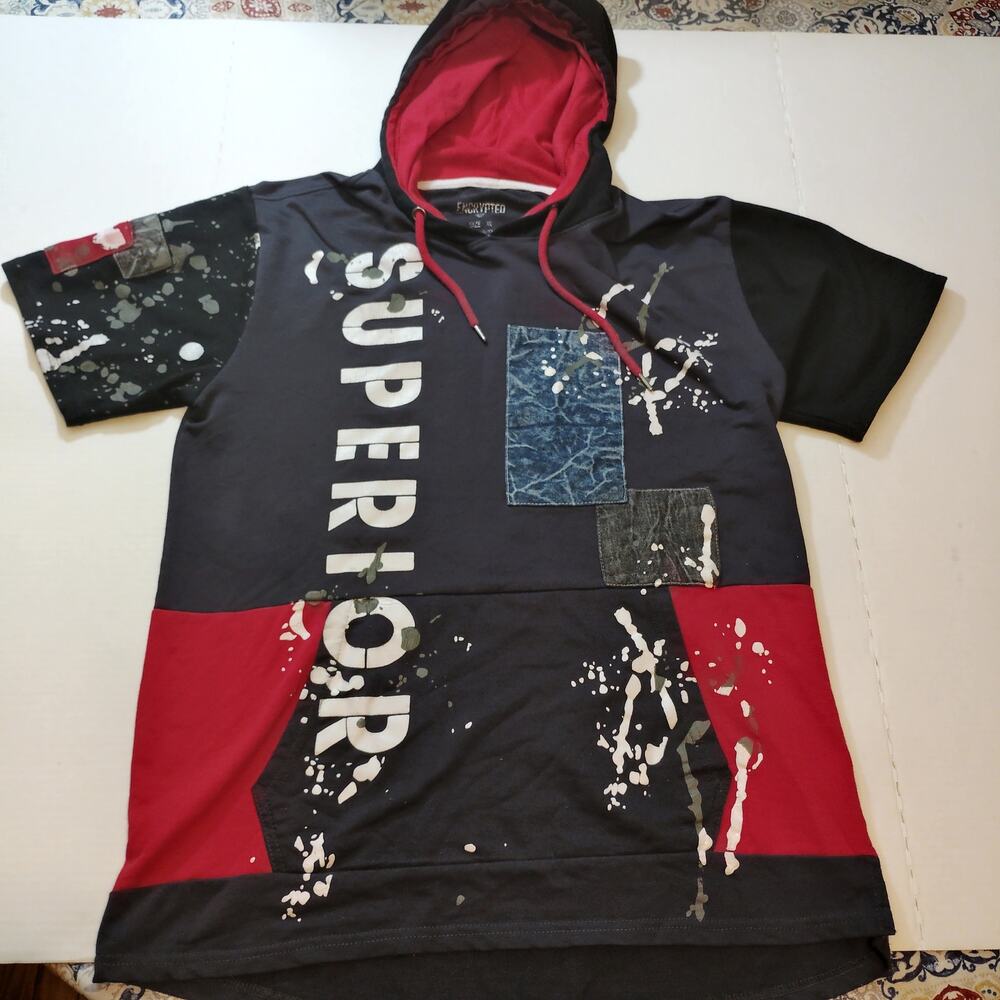 Encrypted XL Short Sleeve Hoodie With Distressed Design